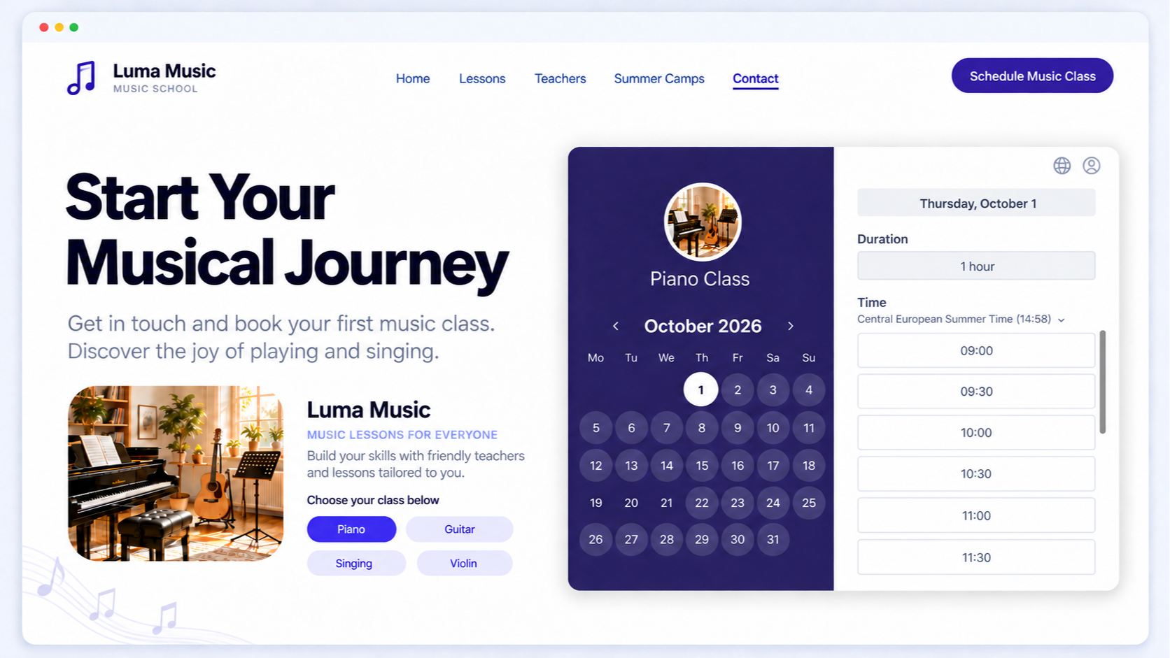 Koalendar piano lesson booking page demonstrating appointment scheduling software for music school.